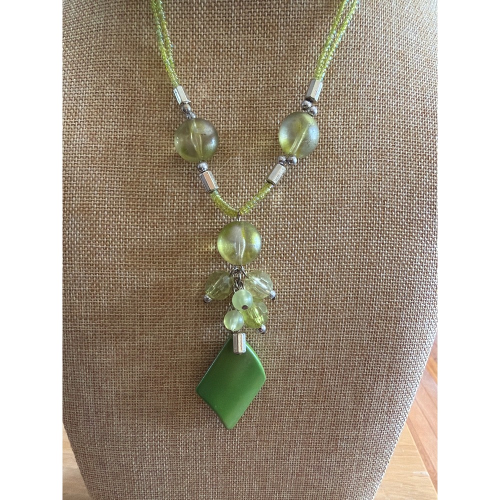Lime Green Multi Strand Seed Bead Glass Statement Necklace Diamond Pendant